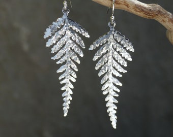 Silver fern earrings, silver earrings dangle earrings gold leaf earrings, drop earrings, statement earrings, gift for her, boho earrings