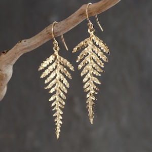 Golden fern earrings, gold earrings dangle earrings gold leaf earrings, gold drop earrings, statement earrings, jewelry gift, boho earrings