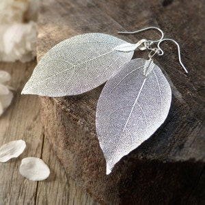 Real leaf earrings, sterling silver earrings, large statement earrings, silver dangle earrings, boho earrings, drop earrings, jewelry gift image 1