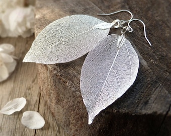 Real leaf earrings, sterling silver, silver dipped leaves, natural jewelry, woodland jewelry, wedding jewelry, bridal earrings, gift for her