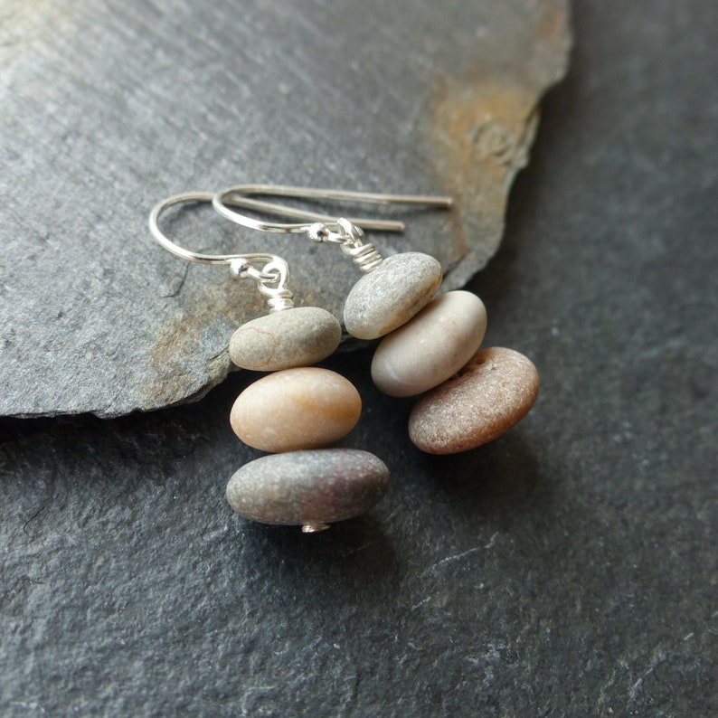Beach stone earrings, sterling silver, gold, natural stone jewelry, beach pebble earrings, cairn earrings, boho jewelry, nature jewelry image 1