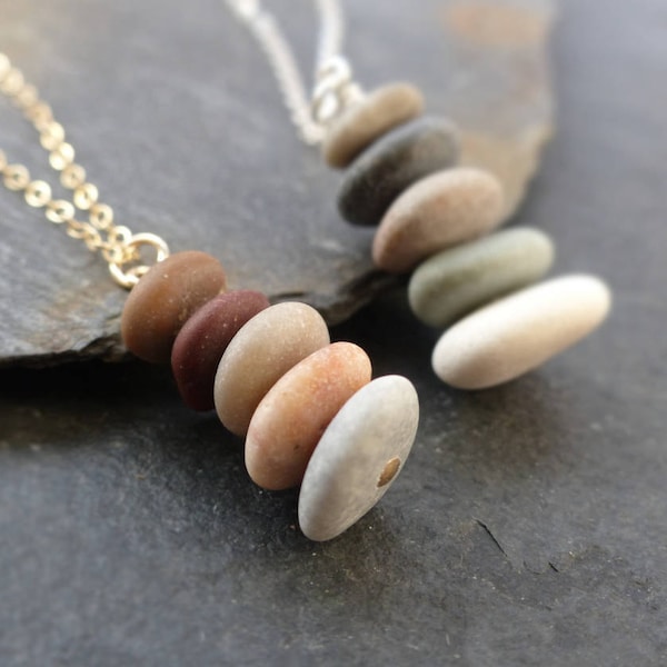 Beach stone necklace, sterling silver, gold, natural stone necklace, beach pebble pendant, cairn necklace, boho jewellery, nature jewellery