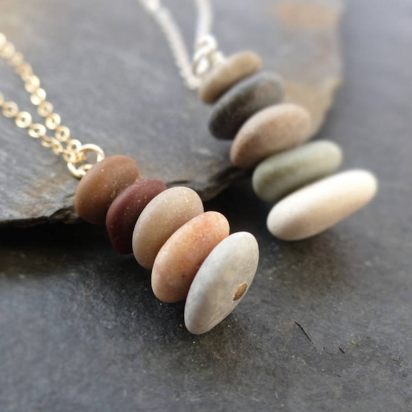 Beach Stone Cairn Necklace: 925 Sterling Silver or 14K Gold Filled, Boho Nature Jewelry