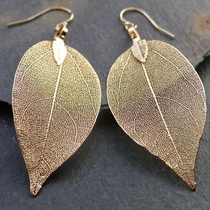 Real leaf earrings, 18K gold leaf earrings, gold earrings dangle, gold dangle earrings, drop statement earrings, boho earrings, jewelry gift image 1