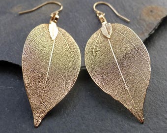 Real leaf earrings, 18K gold leaf earrings, gold earrings dangle, gold dangle earrings, drop statement earrings, boho earrings, jewelry gift
