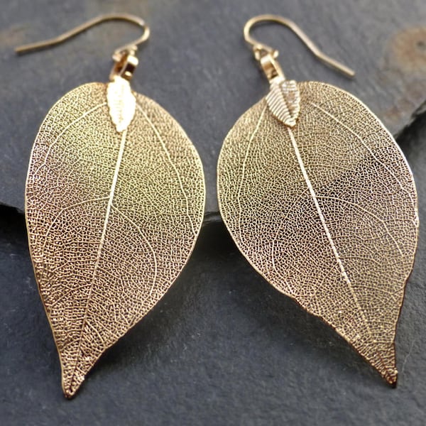 Real leaf earrings, 18K gold leaf earrings, gold earrings dangle, gold dangle earrings, drop statement earrings, boho earrings, jewelry gift