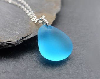 Sea glass necklace, sterling silver, 14k gold filled, blue sea glass pendant, cultured sea glass jewellery, turquoise, seaglass, beach glass