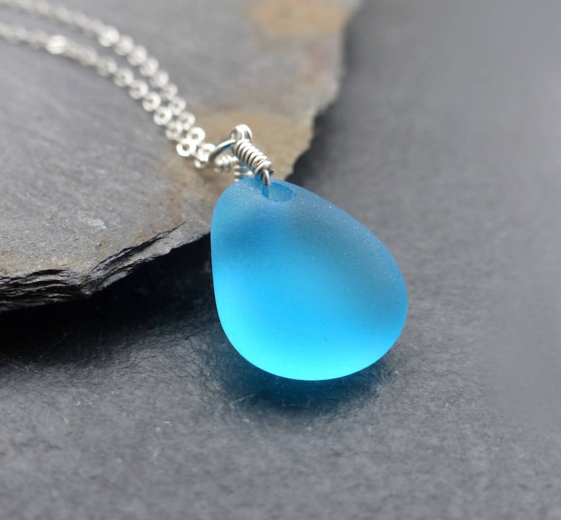 Sea glass necklace, sterling silver, 14k gold filled, blue sea glass pendant, cultured sea glass jewellery, turquoise, seaglass, beach glass image 1