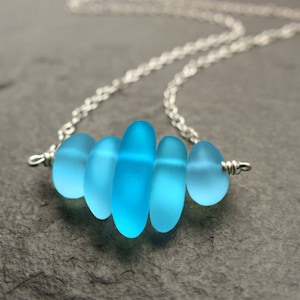 Sea glass necklace, sterling silver, turquoise blue, cultured sea glass jewelry, beach glass, something blue, natural jewelry, gift for her image 1