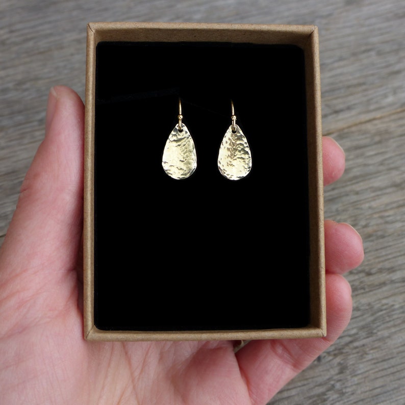 Golden petal earrings, teardrop earrings, gold earrings, minimalist earrings dangle, dangle earrings, gold drop earrings, hammered earrings image 3