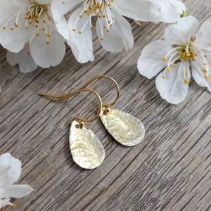 Golden petal earrings, teardrop earrings, gold earrings, minimalist earrings dangle, dangle earrings, gold drop earrings, hammered earrings image 4