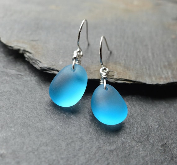 Sea Glass Earrings, Sterling Silver, Sea Glass Jewellery, Blue Earrings,  Cultured Beach Glass Drop Earrings, Gift for Her - Etsy