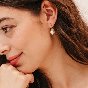 Golden petal earrings, teardrop earrings, gold earrings, minimalist earrings dangle, dangle earrings, gold drop earrings, hammered earrings image 2