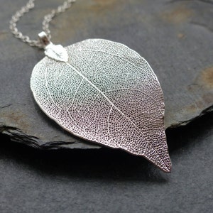 Real leaf necklace, sterling silver chain, silver dipped leaf, statement necklace, woodland jewelry, long boho necklace, gift for her image 1