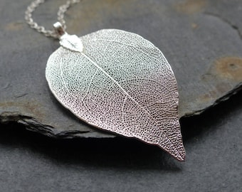 Real leaf necklace, sterling silver chain, silver dipped leaf, statement necklace, woodland jewelry, long boho necklace, gift for her