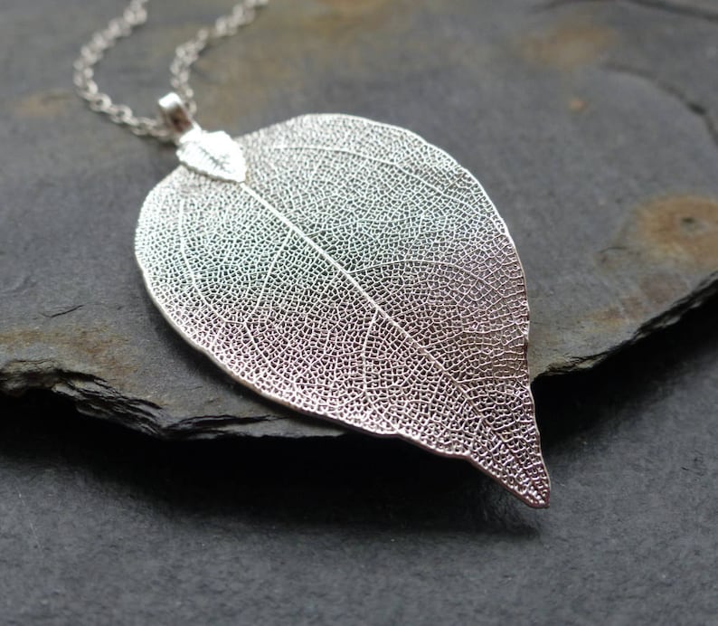 Real leaf necklace, sterling silver chain, silver dipped leaf, statement necklace, woodland jewelry, long boho necklace, gift for her image 1