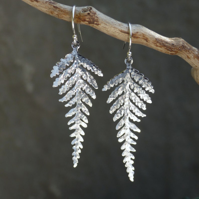 Silver fern earrings, silver earrings dangle earrings gold leaf earrings, drop earrings, statement earrings, gift for her, boho earrings image 1