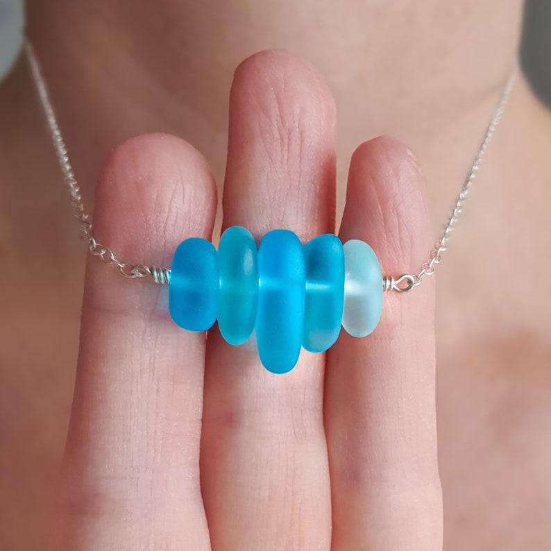 Sea glass necklace, sterling silver, turquoise blue, cultured sea glass jewelry, beach glass, something blue, natural jewelry, gift for her image 2