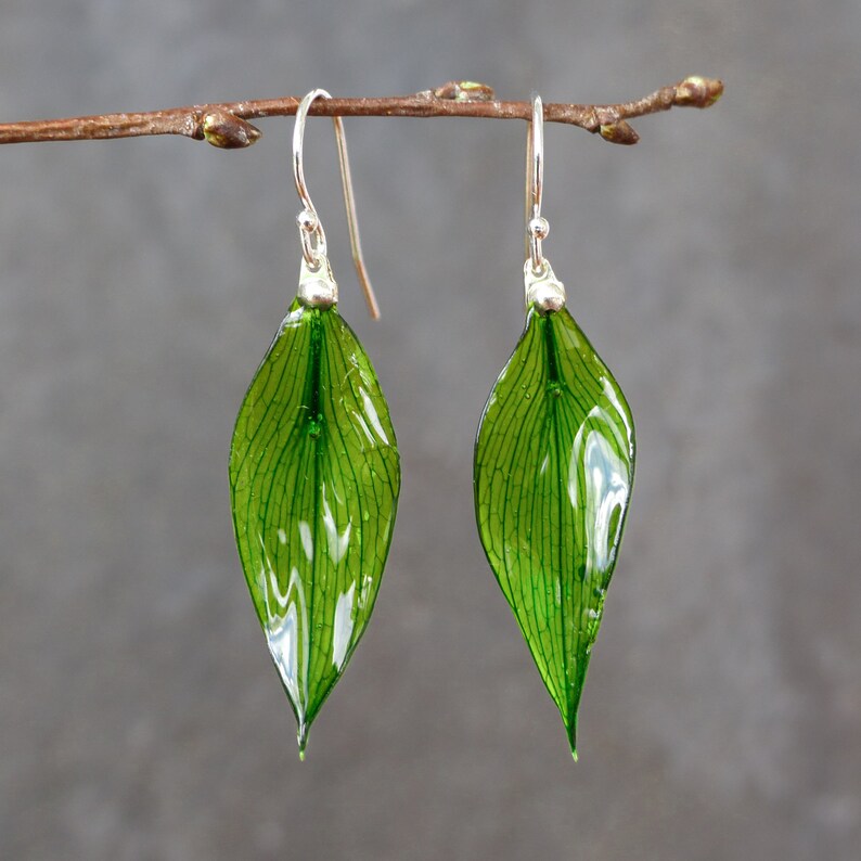 Boucles d'oreilles vraies feuilles vertes, boucles d'oreilles pendantes en or 14 carats / argent sterling 925, vraies feuilles en résine, boucles d'oreilles vertes pendantes, boucles d'oreilles pendantes image 3