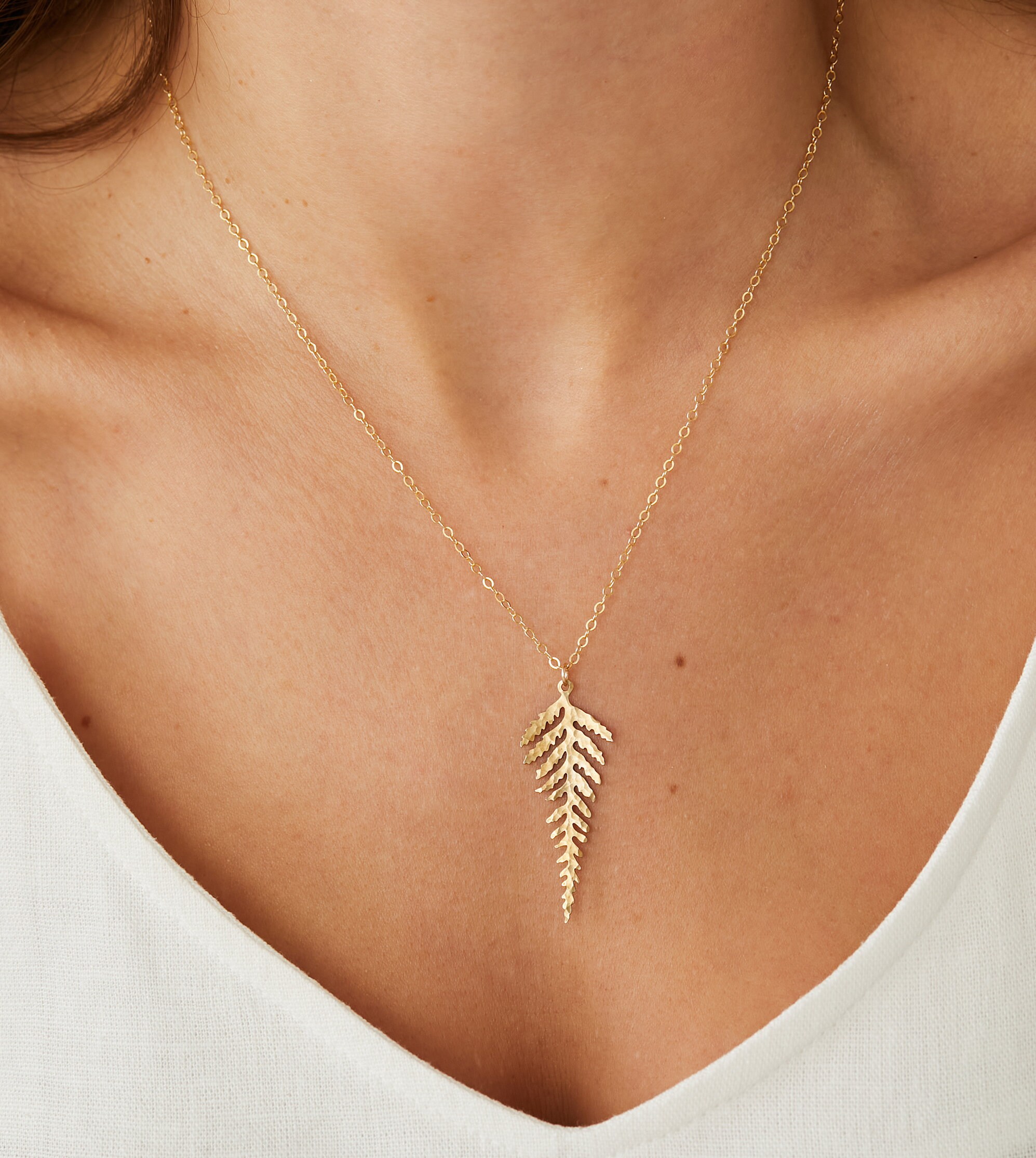 Hammered Golden Fern Pendant: Dainty 14K Gold Filled Chain - Etsy