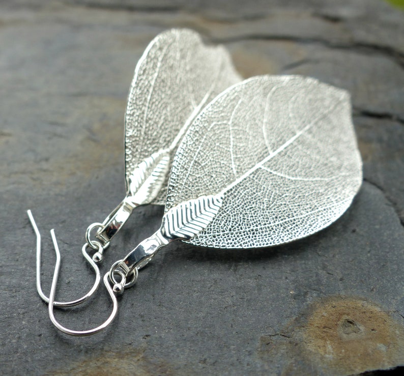 Real leaf earrings, sterling silver earrings, large statement earrings, silver dangle earrings, boho earrings, drop earrings, jewelry gift image 5