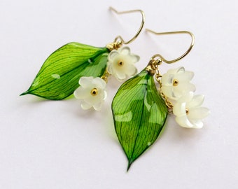 Lily of the valley earrings, 925 sterling silver / 14K gold filled, real green leaf in resin dangle earrings, earrings dangle, drop earrings