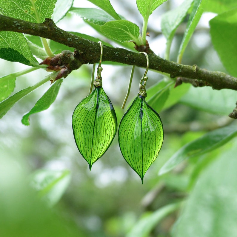 Boucles d'oreilles vraies feuilles vertes, boucles d'oreilles pendantes en or 14 carats / argent sterling 925, vraies feuilles en résine, boucles d'oreilles vertes pendantes, boucles d'oreilles pendantes image 1