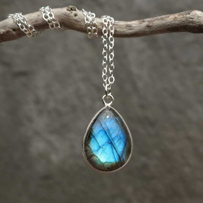 Labradorite necklace, sterling silver teardrop necklace, blue gemstone necklace, boho jewellery, birthstone necklace, gift for women image 1