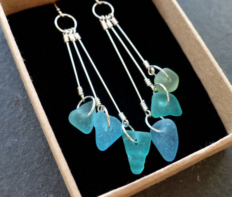 Genuine sea glass earrings sterling silver blue green beach Etsy