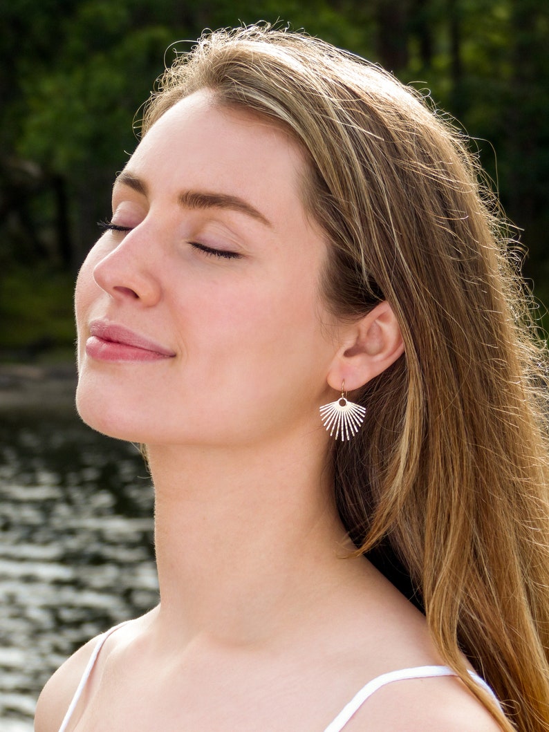 Golden sunburst earrings, gold earrings dangle, statement earrings, fringe earrings gold, boho earrings, gift for her, hammered earrings image 2