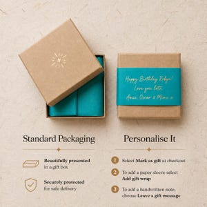 May include: Two square brown cardboard gift boxes. One box is open, revealing teal tissue paper inside, with a white star icon on the lid. The other box is closed with a teal paper sleeve featuring the gold text: Happy Birthday Robyn! Love you lots, Amie, Oscar & Mimi x.
