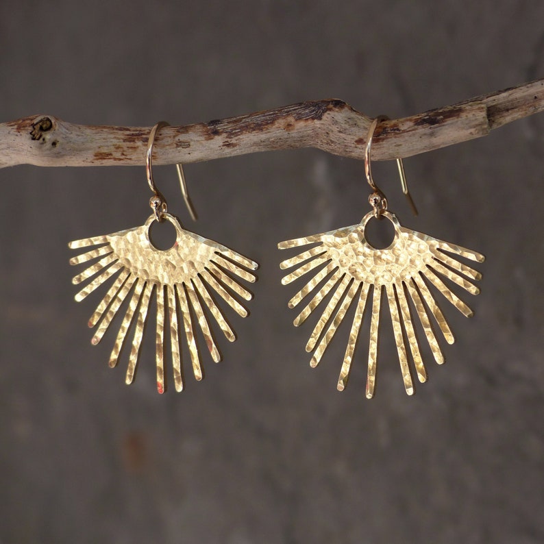 Golden sunburst earrings, gold earrings dangle, statement earrings, fringe earrings gold, boho earrings, gift for her, hammered earrings image 1