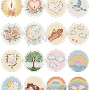 Pegatinas imprimibles de duelo suave: 96 pegatinas redondas de consuelo para diario bíblico, tarjetas, uso en la iglesia y la escuela. 6 hojas PNG. Digital.