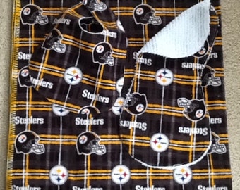 Pittsburg Steelers swaddling blanket, bib, and burp cloth set