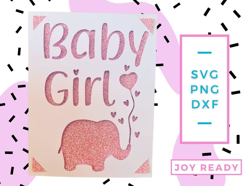 Puede incluir: Una tarjeta blanca con letras de purpurina rosa que dicen "Baby Girl". Debajo del texto hay un elefante de purpurina rosa con un globo rosa y corazones.