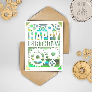 Carte d'anniversaire svg Gears. Carte SVG pour homme. Fichier numérique compatible avec les machines de découpe Cricut et Silhouette