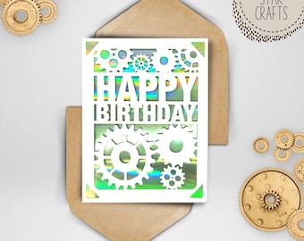 Gears svg birthday card. Svg card for men. Digital file compatible with cricut and silhouette cutting machines