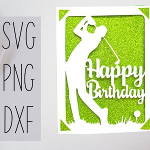 May include: White silhouette of a golfer swinging a club with the text "Happy Birthday" on a green glitter background.