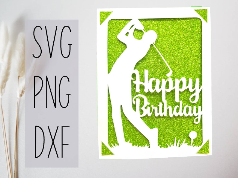 May include: White silhouette of a golfer swinging a club with the text "Happy Birthday" on a green glitter background.