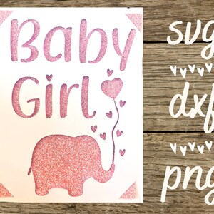 Puede incluir: Dise&ntilde;o de purpurina rosa con el texto "Baby Girl" y un elefante sosteniendo un globo en forma de coraz&oacute;n rosa. El dise&ntilde;o est&aacute; sobre un fondo blanco.