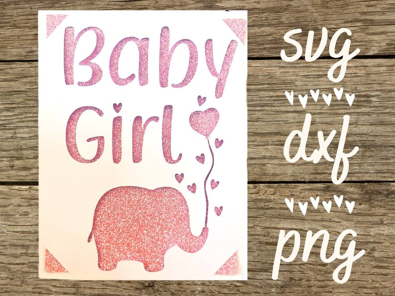 Puede incluir: Dise&ntilde;o de purpurina rosa con el texto "Baby Girl" y un elefante sosteniendo un globo en forma de coraz&oacute;n rosa. El dise&ntilde;o est&aacute; sobre un fondo blanco.