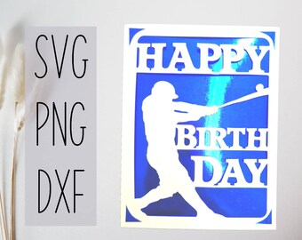 May include: White silhouette of a baseball player swinging a bat with the words "Happy Birthday" on a blue background.