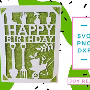 Cartão de aniversário SVG de jardinagem. Arquivo digital compatível com máquinas de corte cricut e silhueta