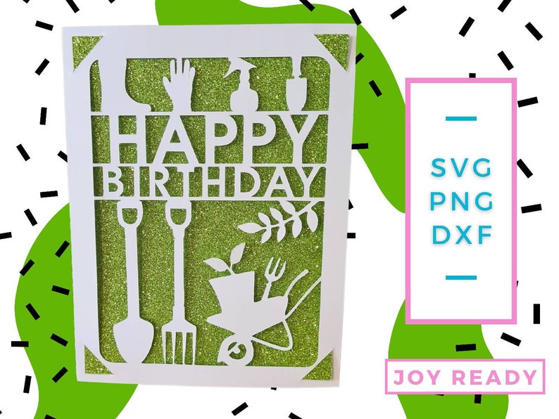 May include: White card with a green glitter background and a cut-out design of gardening tools, a plant, and the words "Happy Birthday".