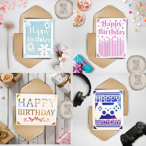 May include: Four different birthday cards with intricate cut-out designs. The cards feature a variety of themes, including flowers, candles, and a video game controller. The cards are all white with a holographic finish.