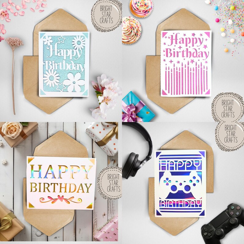 May include: Four different birthday cards with intricate cut-out designs. The cards feature a variety of themes, including flowers, candles, and a video game controller. The cards are all white with a holographic finish.