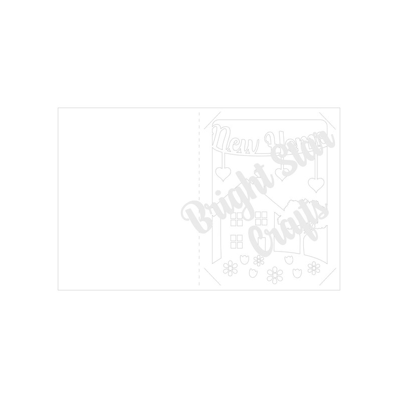 Pode incluir: Um design imprim&iacute;vel em preto e branco para um cart&atilde;o pop-up com uma casa com uma faixa que diz "Nova casa". O design &eacute; da Bright Star Crafts.