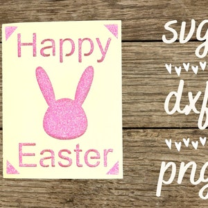 May include: A pink glitter bunny rabbit with the text "Happy Easter" on a white background.