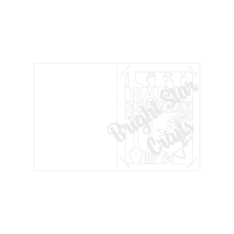 May include: A black and white printable design for a Happy Birthday card with gardening tools and the text "Happy Birthday" and "Bright Star Crafts".