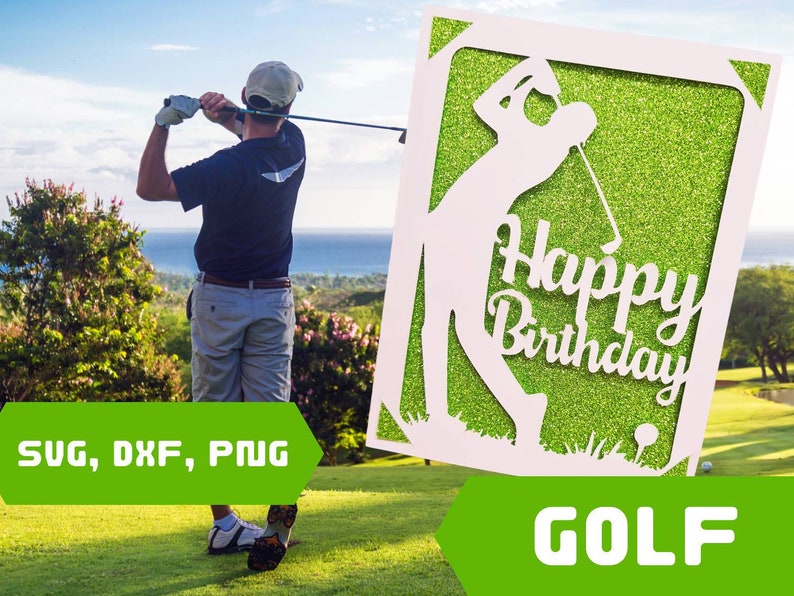 May include: A white card with a silhouette of a golfer swinging a club. The card has a green glitter background and the text "Happy Birthday" in white. The card is on a green grassy surface.